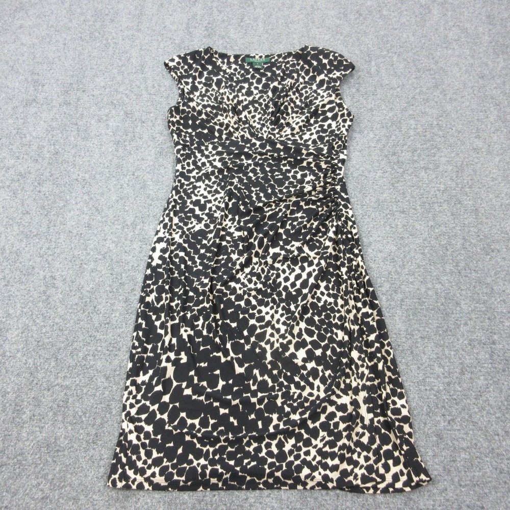 Lauren Ralph Lauren Dress Womens 6 Black Animal Print V Neck Ruched Sheath